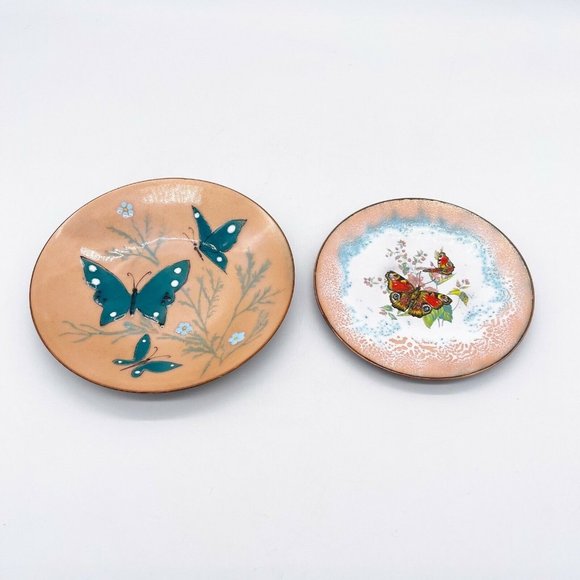 Vintage 1972 Metal Enamel Butterfly Trinket Dresser Dishes lot 2 MCM colorful